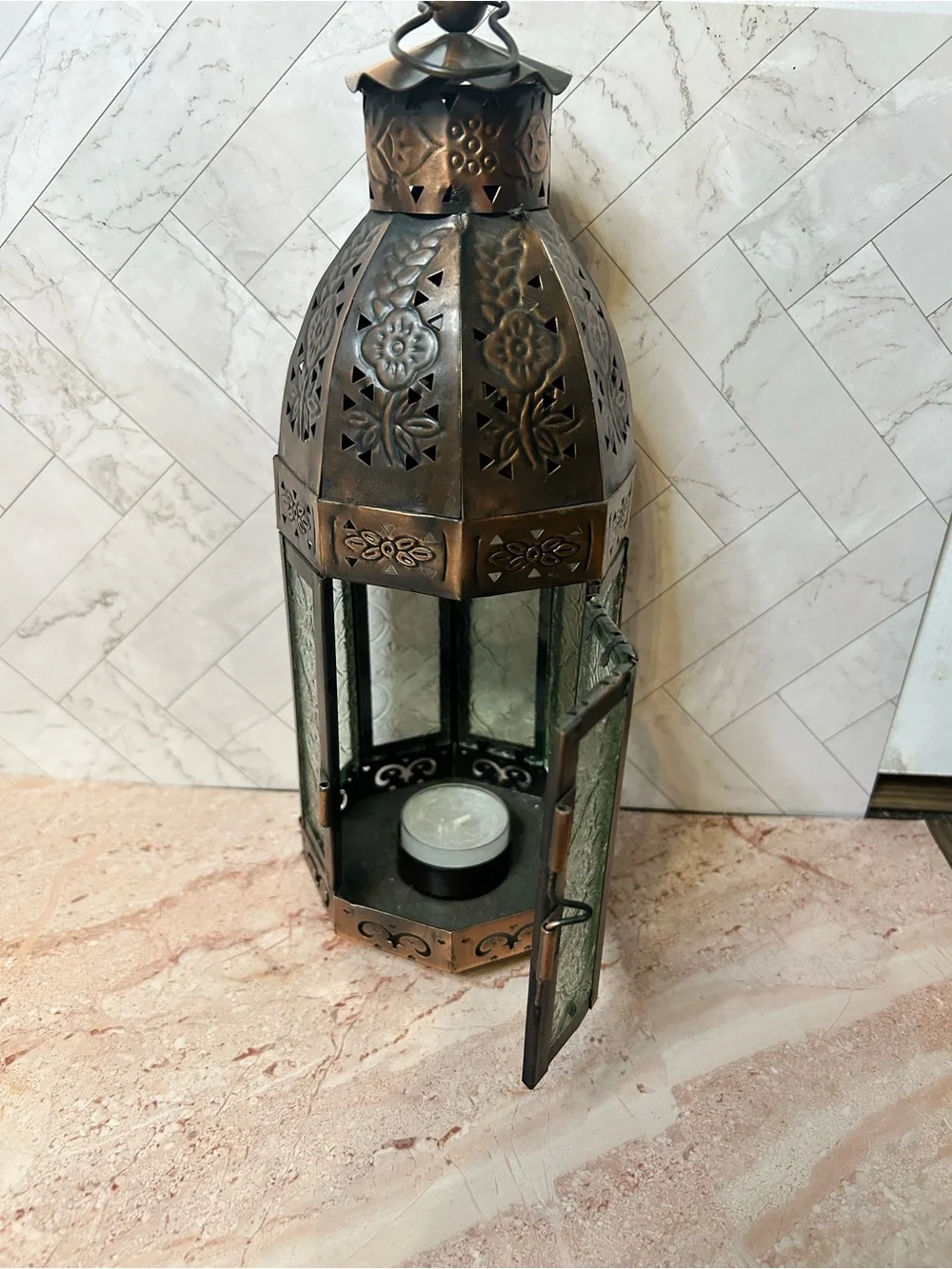 Antique- Moroccan Style Copper Lantern with Green Glass Panel